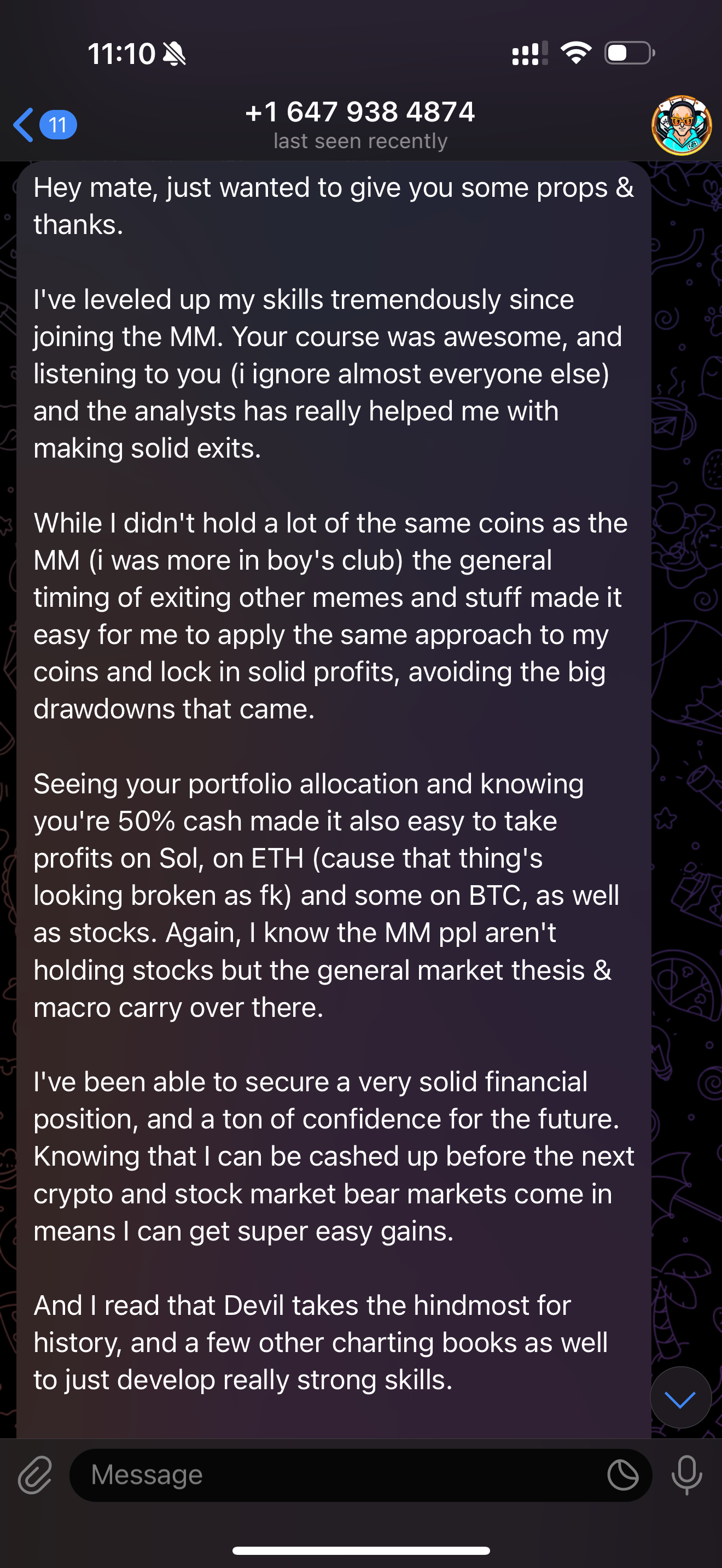 A screenshot of a text message discussing skills development in cryptocurrency and stock trading, crediting an online course.