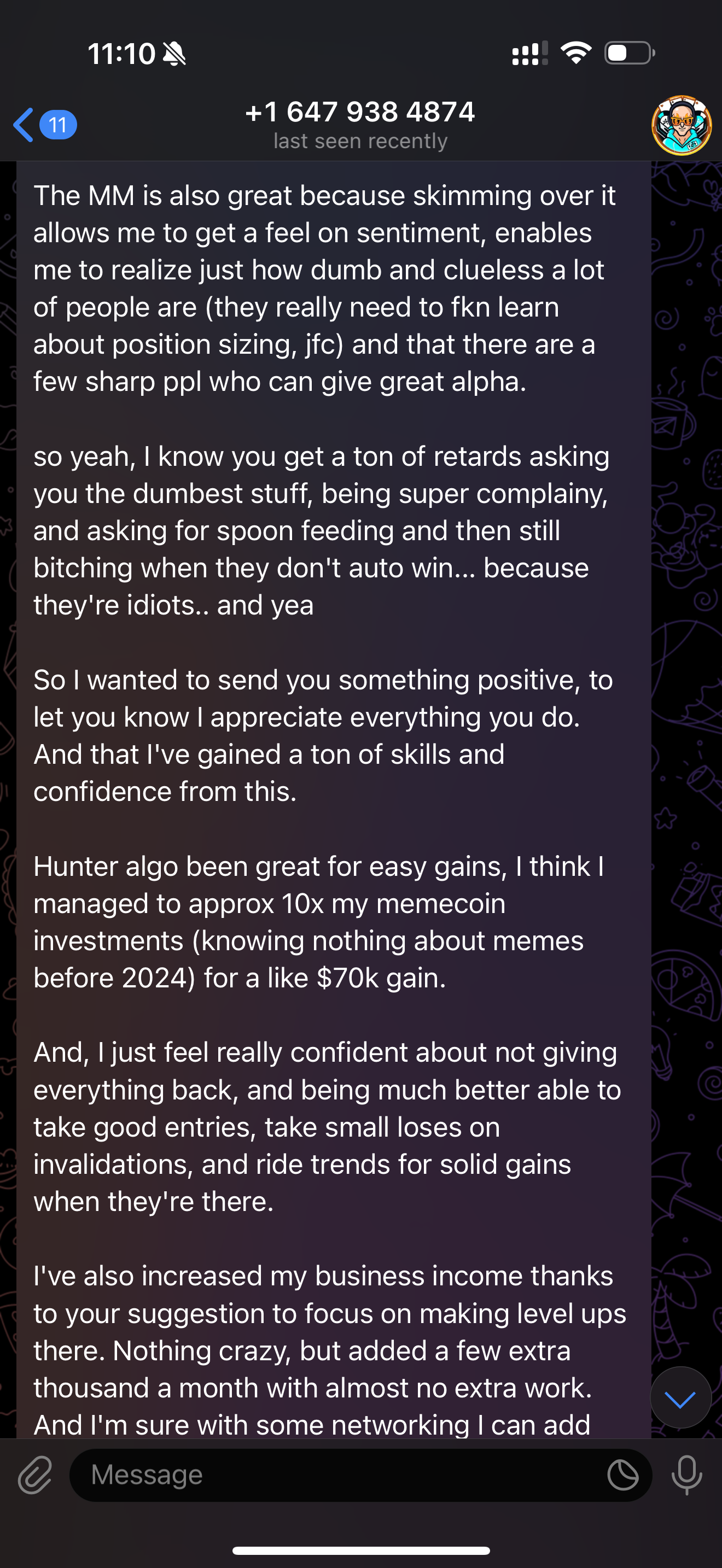 Screenshot of a text message discussing cryptocurrency, gaming, skills, and business success.