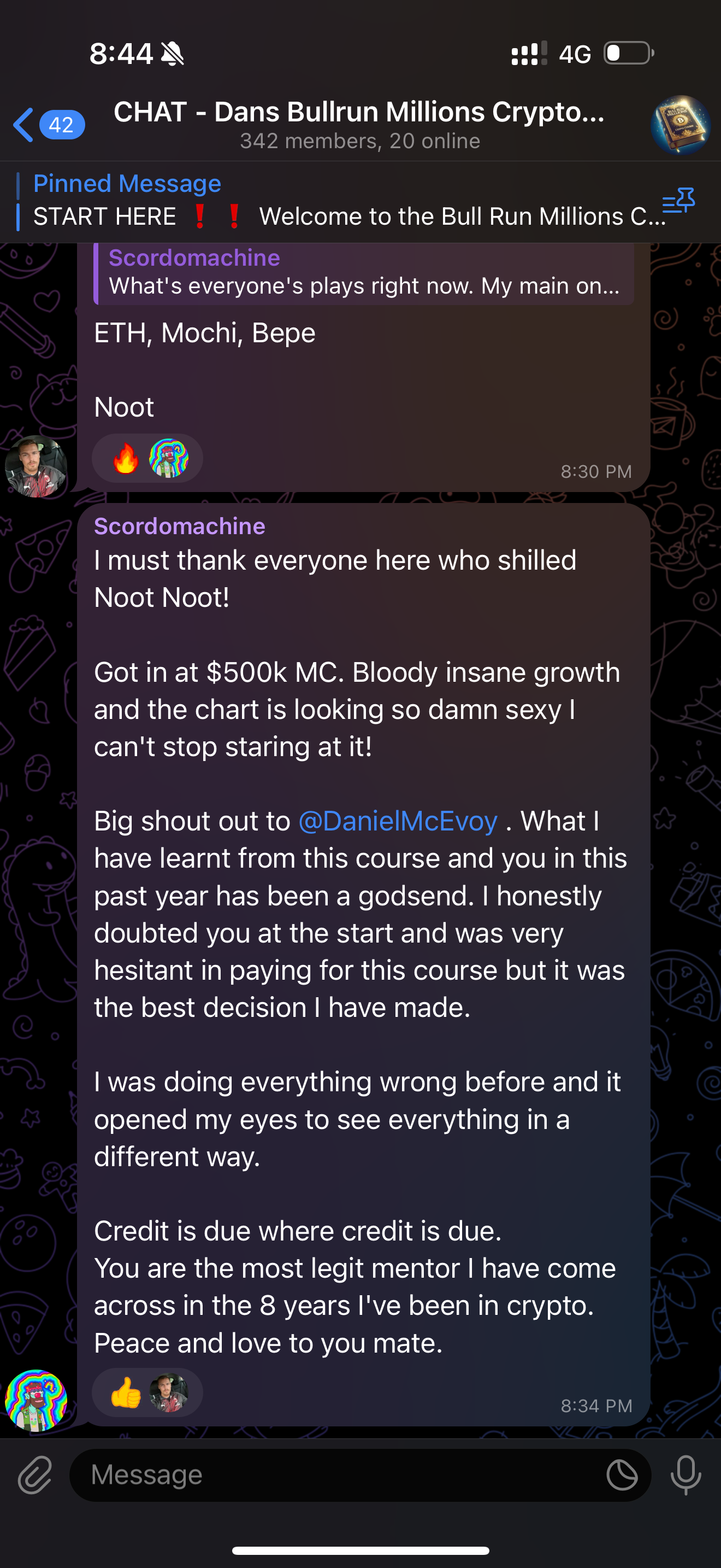 Screenshot of a cryptocurrency trading chat group on Telegram named 'Dans Bullrun Millions Crypto' with messages about investments, celebrating success, and thanking a mentor, with icons and emoji scattered in the background.