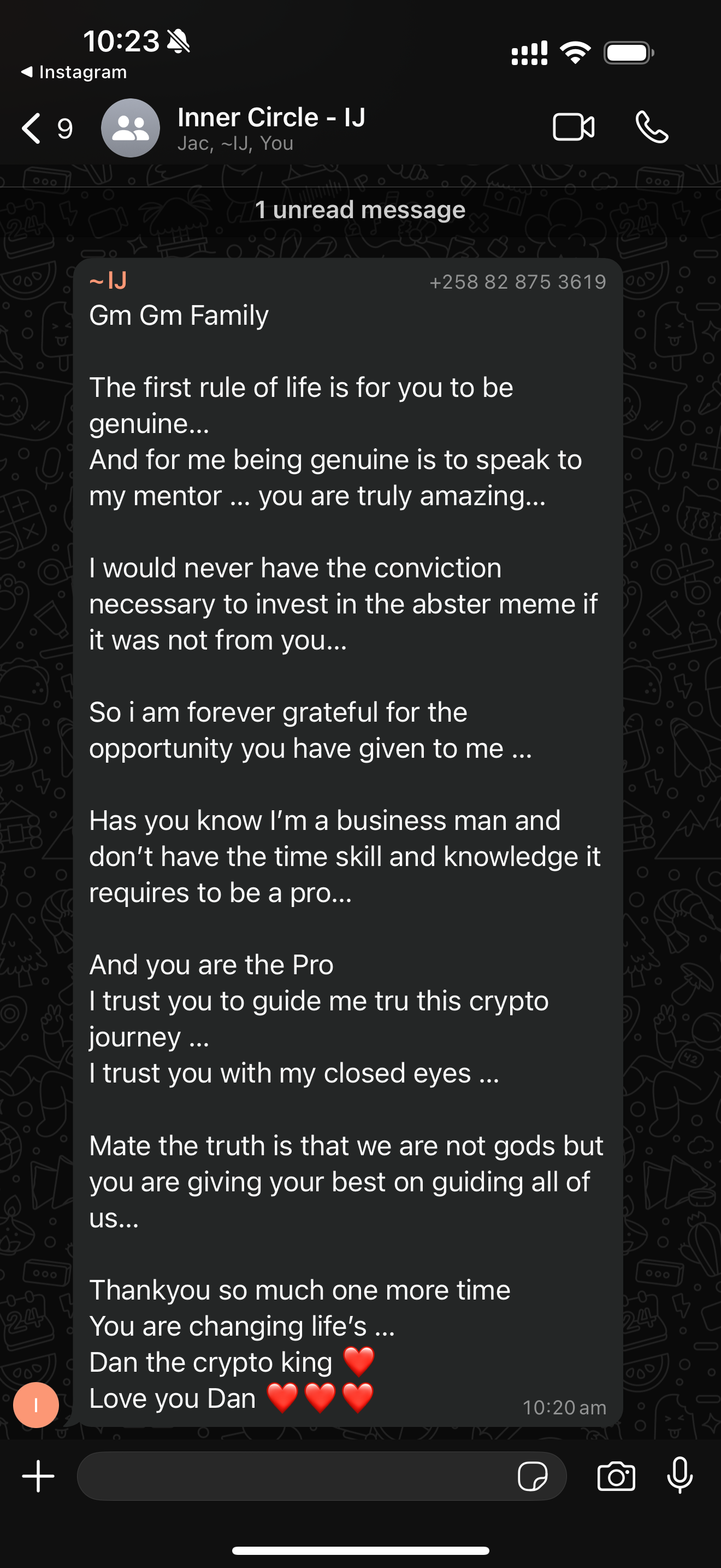WhatsApp chat message screen with a lengthy message praising someone for their guidance in cryptocurrency and expressing gratitude.