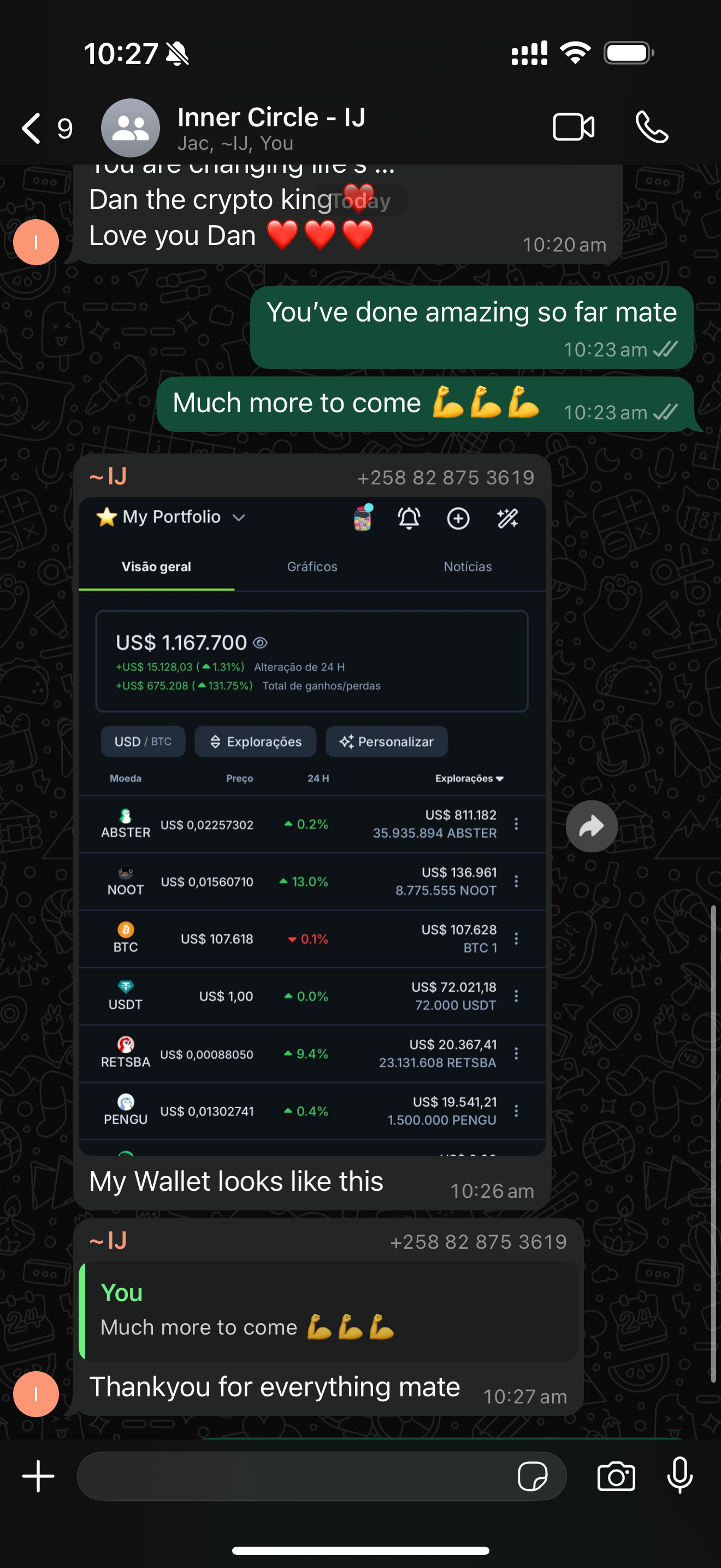 A WhatsApp chat conversation showing a financial portfolio screenshot, a message expressing gratitude, and a motivational message with flexed biceps emojis.