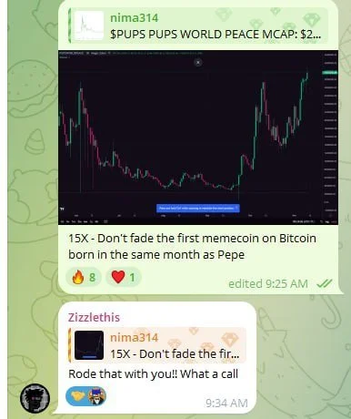 A screenshot of a chat conversation with a financial chart showing the price movement of a cryptocurrency or stock, along with messages about meme coins and a humorous comment about not fading a meme coin on Bitcoin.