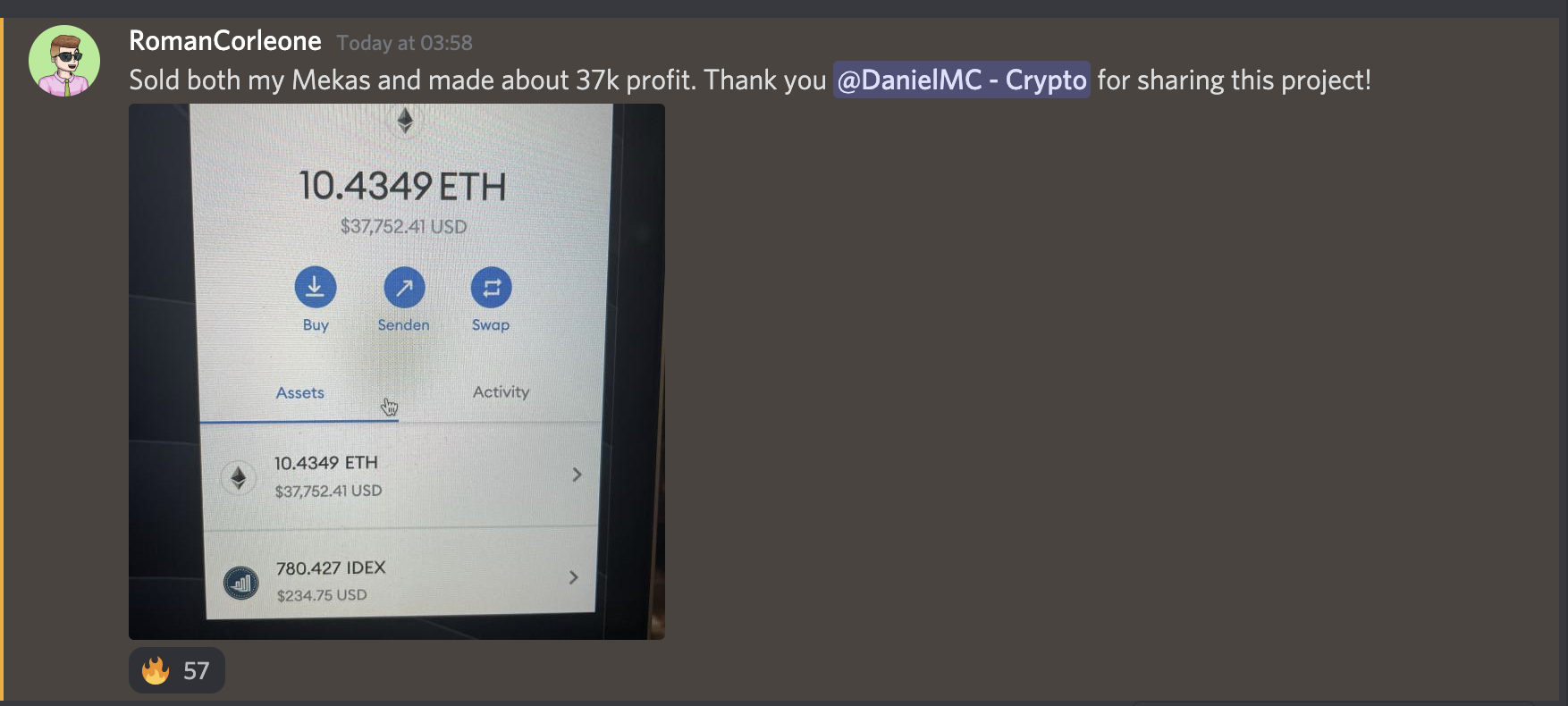 Mobile screen displaying a cryptocurrency wallet with a balance of 10.4349 ETH worth $37,752.41 and a balance of 780.427 IDEX worth $234.75.