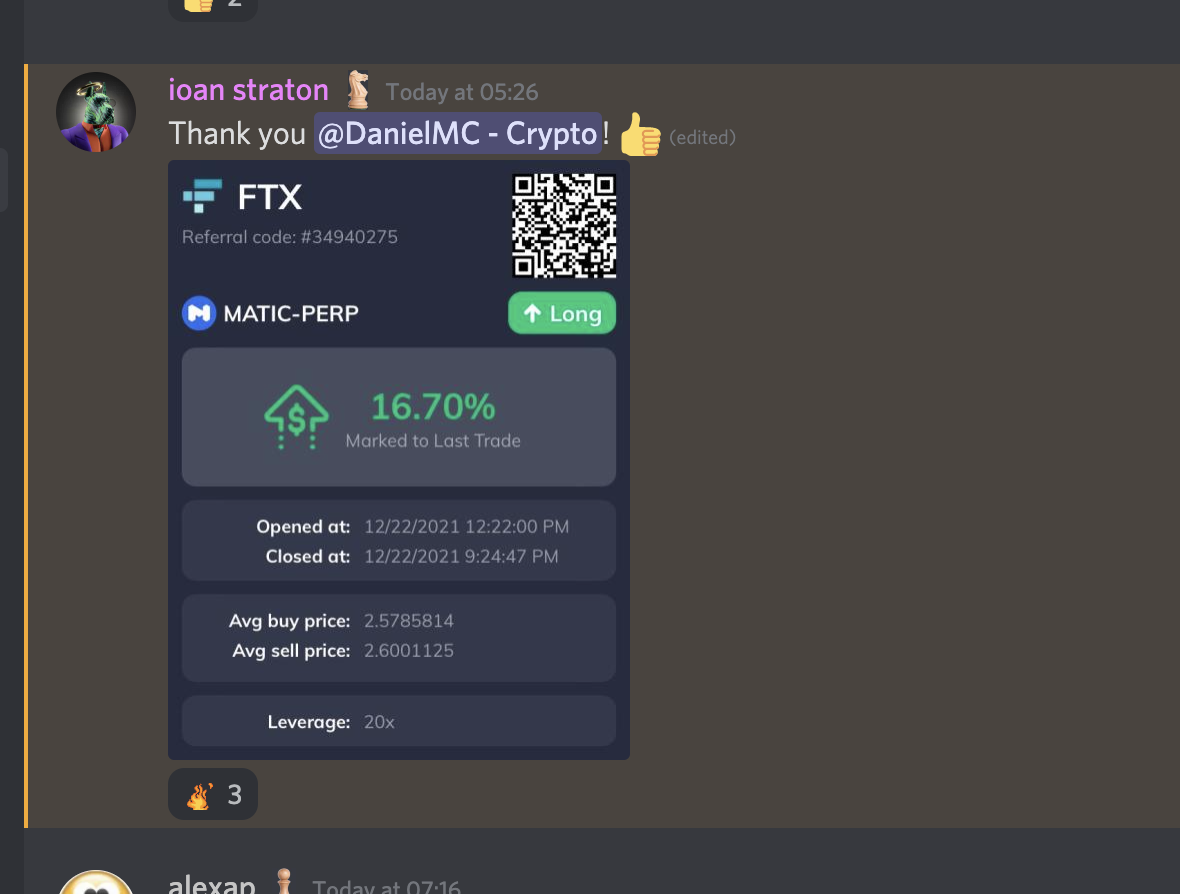 Screenshot of a Discord chat showing a message with a shareable cryptocurrency trading card for MATIC-PERP on the FTX platform, including details of trade activity, percentages, dates, and prices.