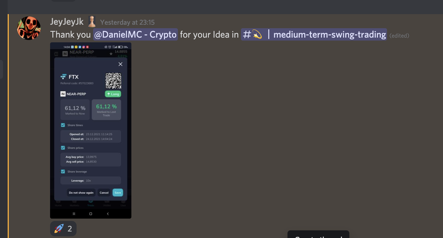 Screenshot of a mobile trading app showing a trade for NEAR-PERP with details including a 61.12% mark to now, opened on December 23, 2021, at 11:14 AM, closed on December 24, 2021, at 11:04 AM, with an average buy price of 13.9975 and an average sell