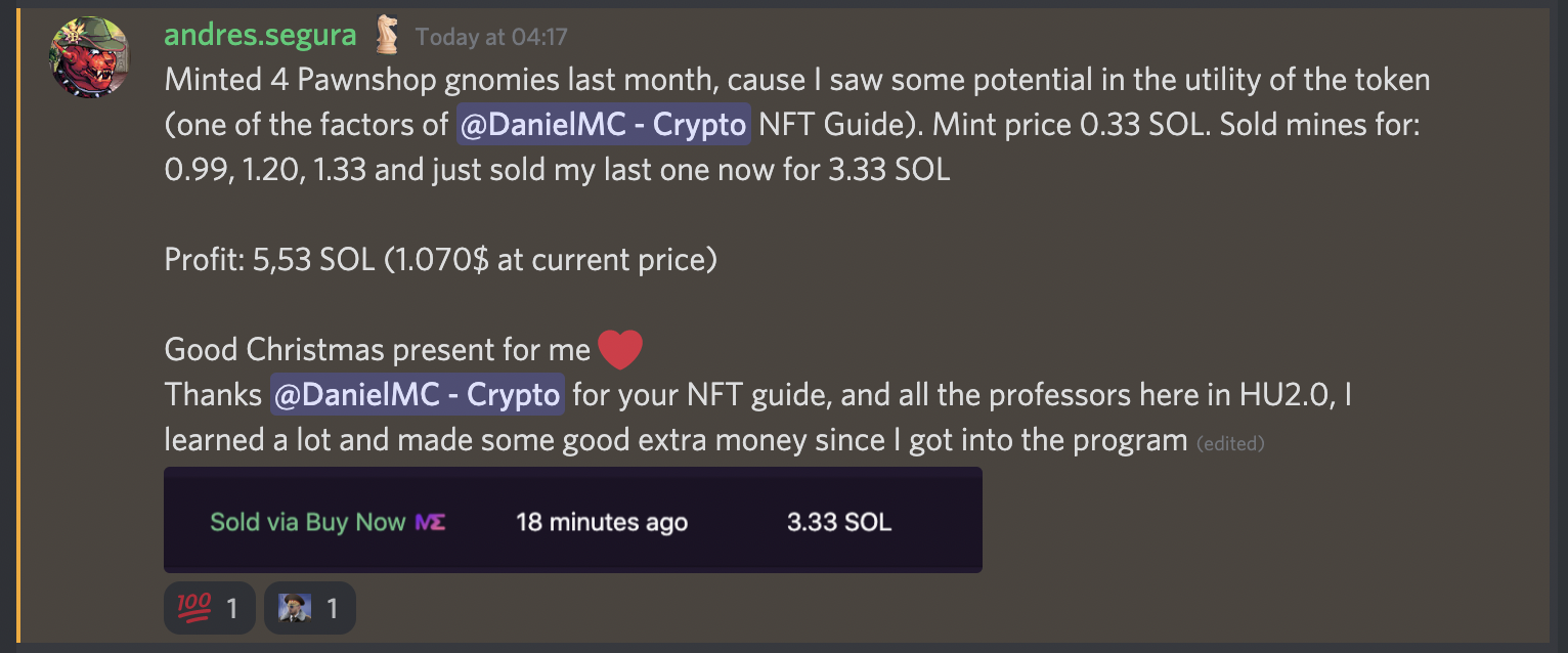 Screenshot of a chat message discussing profits from buying and selling NFTs, with mentions of DanielMC - Crypto and a Christmas message.