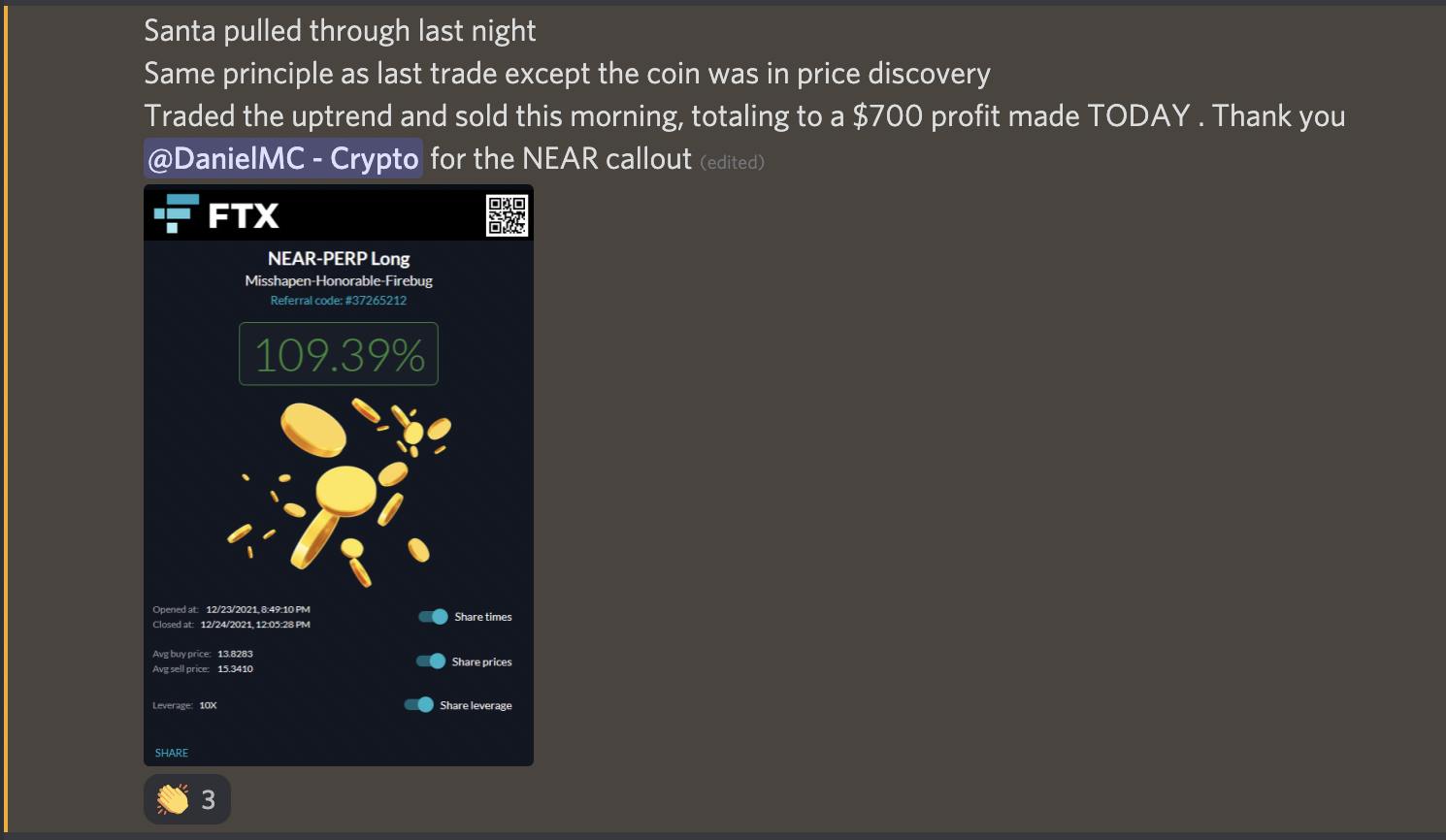A screenshot of a trading app showing a long position in NEAR-PERP with a profit of 109.39%. The app includes details such as open and close times, average buy and sell prices, leverage, and options to share these details.