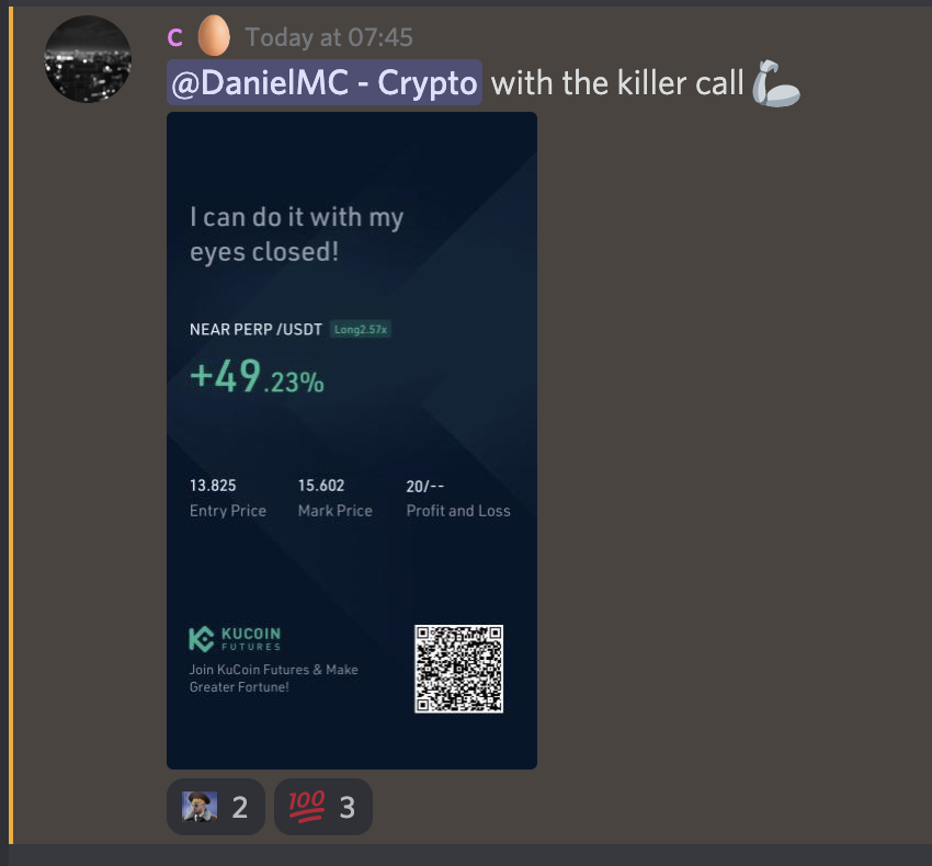 Screenshot of a cryptocurrency trading app showing a profit of 49.23% on a near PERP / USDT trade, with entry price at 13.825 and mark price at 15.602, and a QR code at the bottom.