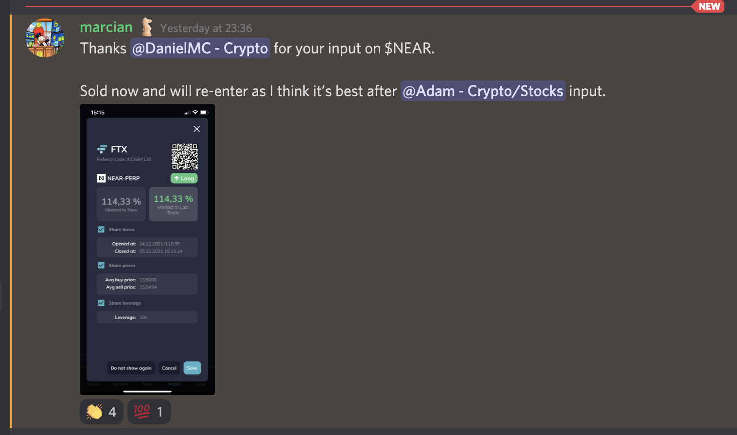 Screenshot of a mobile app showing a cryptocurrency trading interface with details like the cryptocurrency name FTX, referral code, QR code, trade status, performance percentages, and trade parameters such as buy and sell prices and leverage. The app