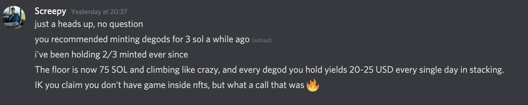 Screenshot of a chat conversation about minting DeGods NFTs and their value in Solana.