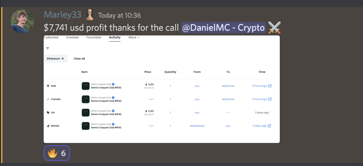 Screenshot of a chat message showing a profit of $7,741 USD from a call with a user named @DanielMC - Crypto, and displaying a transaction history for Ethereum from the Gents Croquet Club, including sale, transfer, list, and mint actions.
