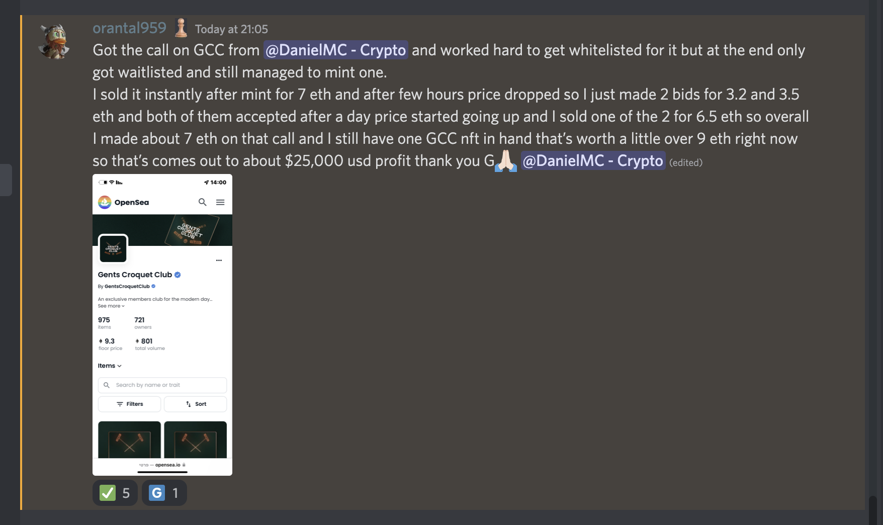 Screenshot of a Discord chat message discussing cryptocurrency trading, with an embedded image of a mobile app showing the Gents Croquet Club OpenSea page.
