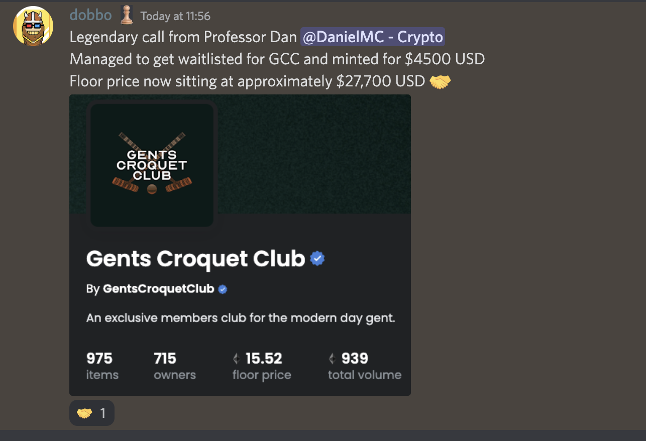 Screenshot of a chat message about a legendary call from Professor Dan, mentioning a waitlisted membership for Gents Croquet Club that was minted for $4,500 USD with a floor price of approximately $27,700 USD. The message includes a logo with croquet