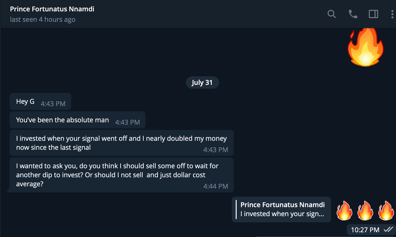 Screenshot of a WhatsApp conversation with Prince Fortunatus Nnamdi, where the person is complimenting him and discussing investment decisions. The chat shows flame emojis and timestamps.