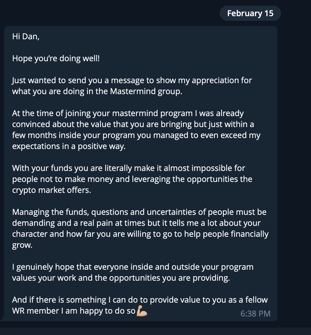 Screenshot of a text message dated February 15, expressing appreciation for someone named Dan's work in a Mastermind group, praising their progress, leadership, and dedication to helping others grow financially.