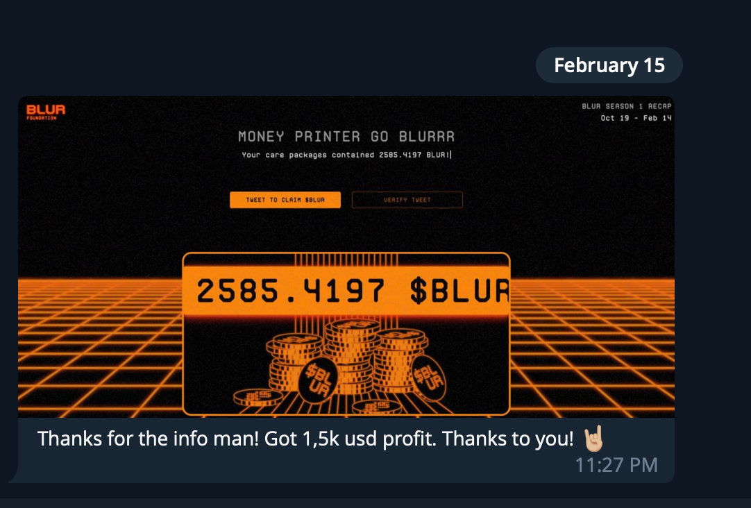 Digital screen with orange grid, displaying a mock money printer labeled 'Money Printer Go Blurrr', showing a large number '2585.4197'. Text: 'Thanks for the info man! Got 1.5k USD profit. Thanks to you!' with a hand sign emoji.