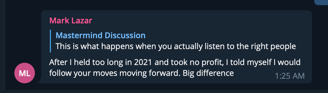 A digital chat message from Mark Lazar discussing a mastermind discussion about listening to the right people, with a timestamp of 1:25 AM.