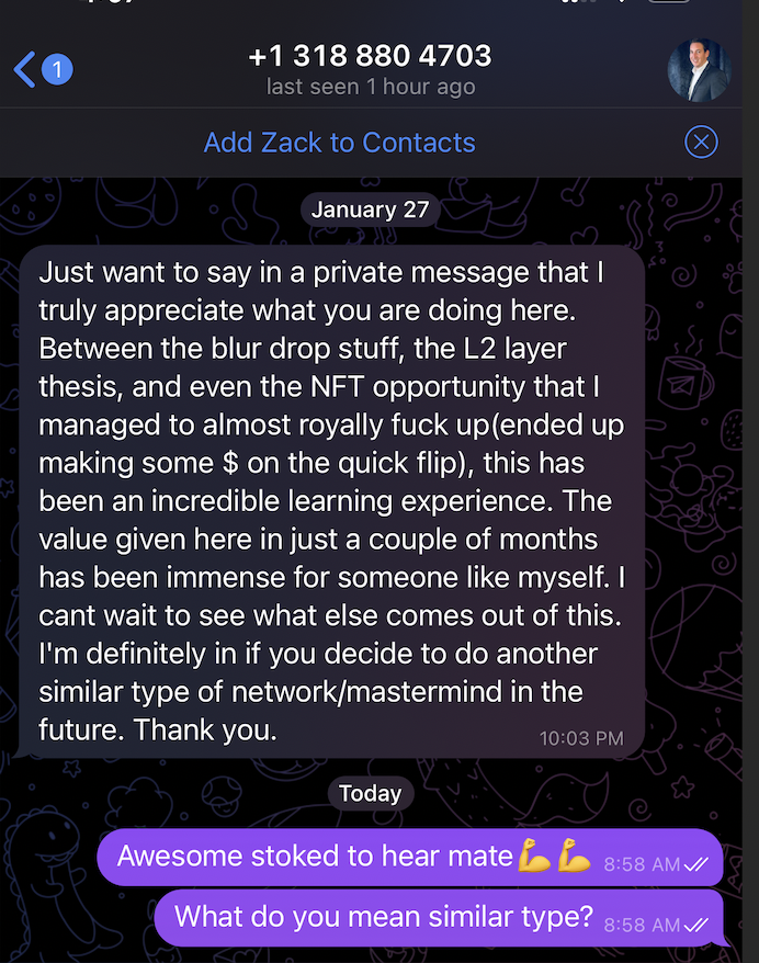 WhatsApp conversation showing a message about a learning experience with NFTs and an appreciation message from a friend.