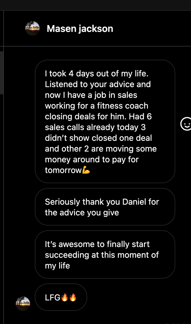 Screenshot of a messaging app conversation with a user named Masen Jackson expressing gratitude and excitement for starting a new job in sales, with emojis including a flexed bicep and fire, and thanking someone named Daniel for advice.
