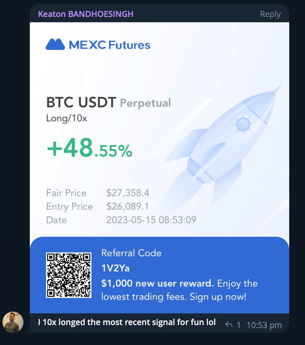 Screenshot of a trading app showing a MEXC Futures trade with Bitcoin (BTC) USDT perpetual contract, long 10x leverage, with a +48.55% gain, open price at $26,089.1, current price at $27,358.4, and a date of 2023-05-15. Contains a QR code and referra