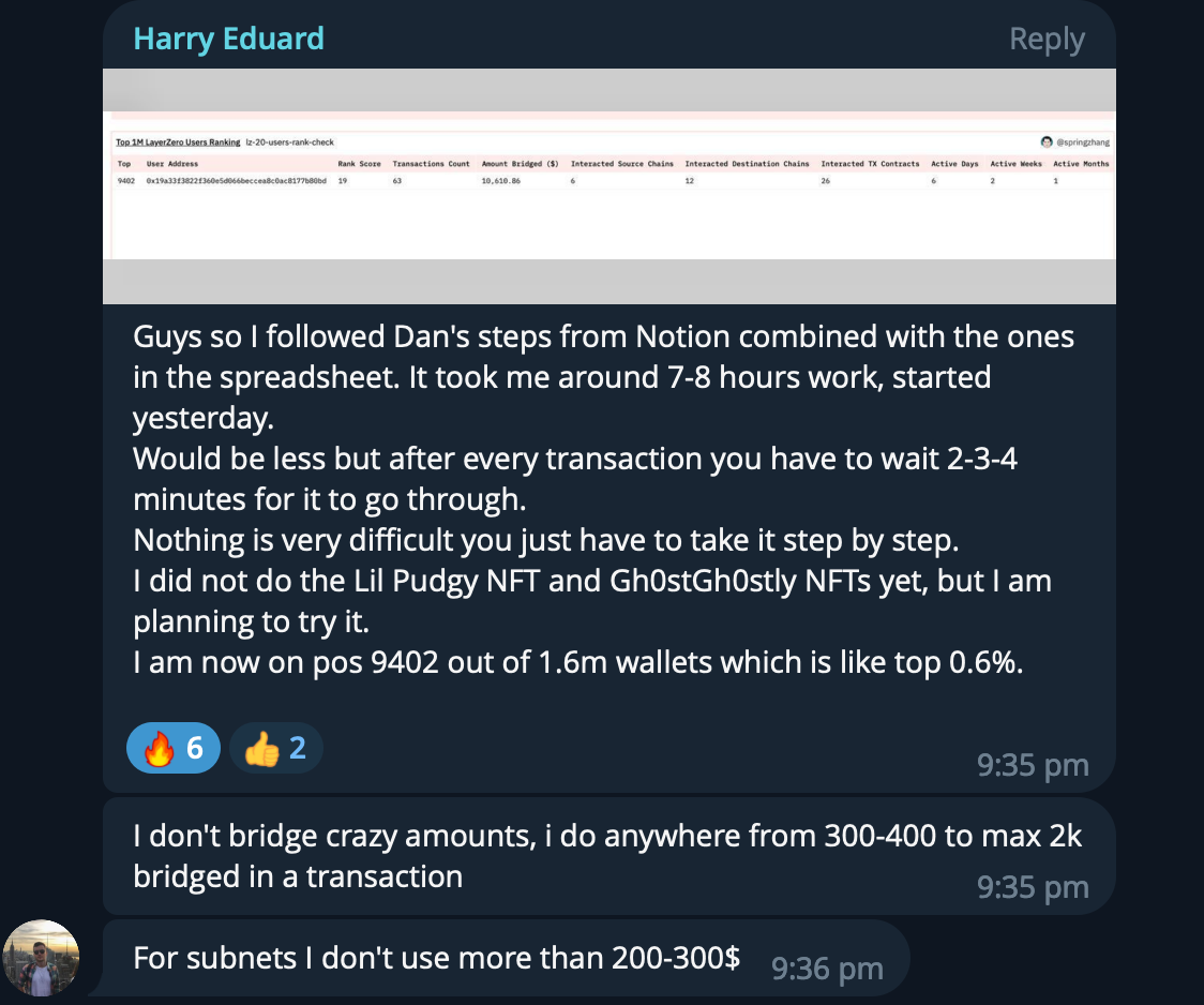 Screenshot of a chat conversation discussing cryptocurrency transactions and strategies, including references to Notion, spreadsheets, and NFT planning.