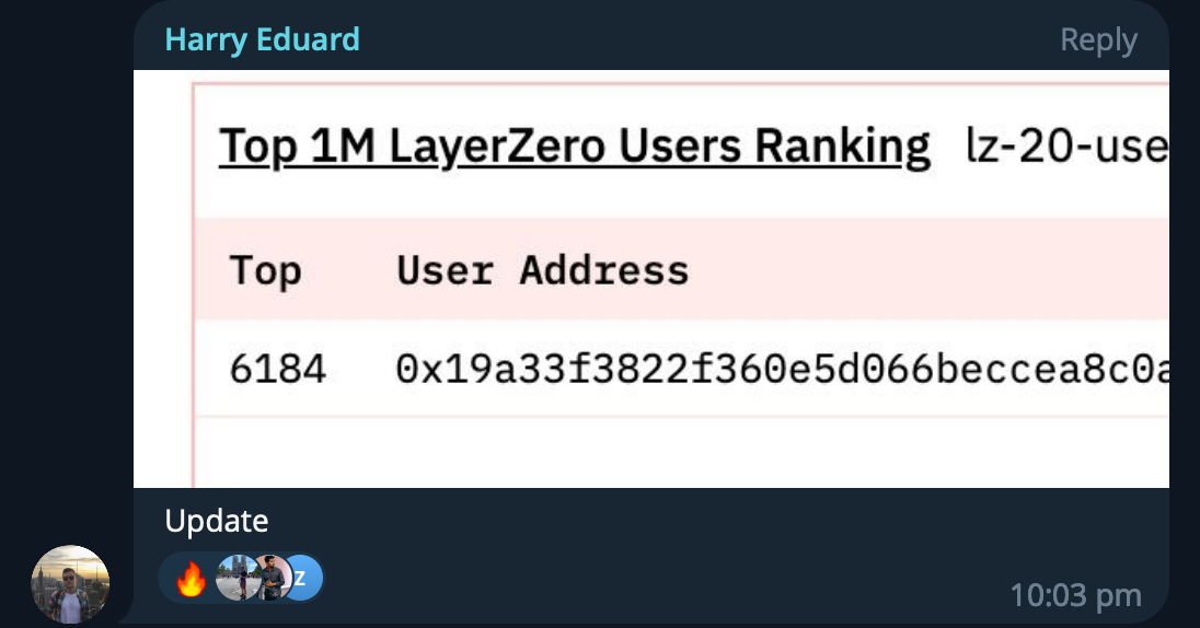 Screenshot of a table titled 'Top 1M LayerZero Users Ranking' showing a user rank of 6184 and a user address in hexadecimal format.