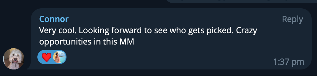 A screenshot of a social media comment from Connor saying, 'Very cool. Looking forward to see who gets picked. Crazy opportunities in this MM' with emojis of a red heart and a dog.