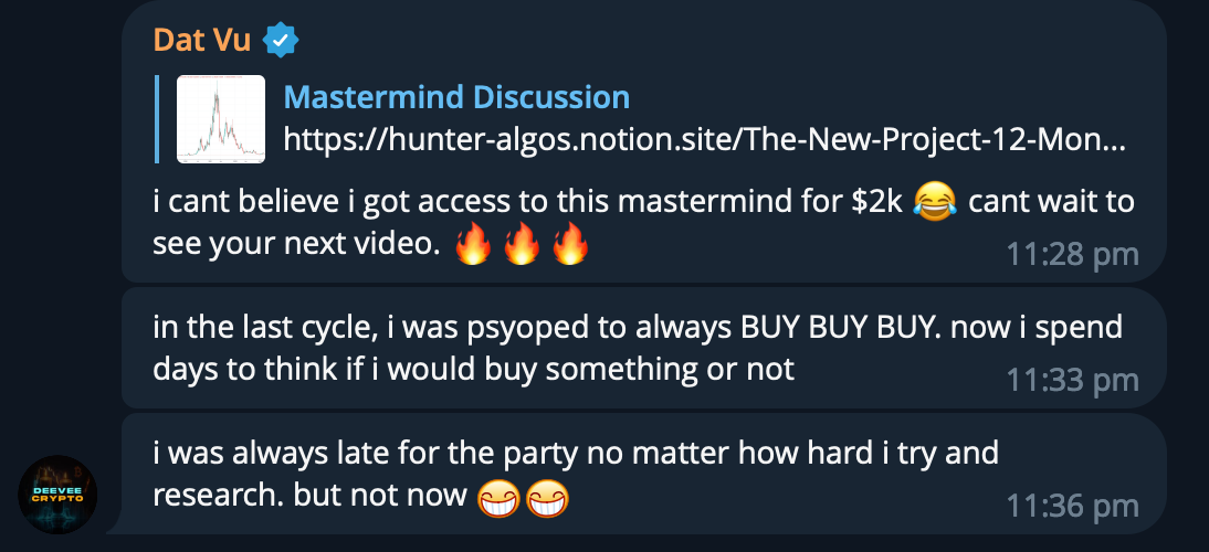 Screenshot of a Telegram chat with messages discussing a Mastermind discussion, investment opportunities, and personal trading experiences.