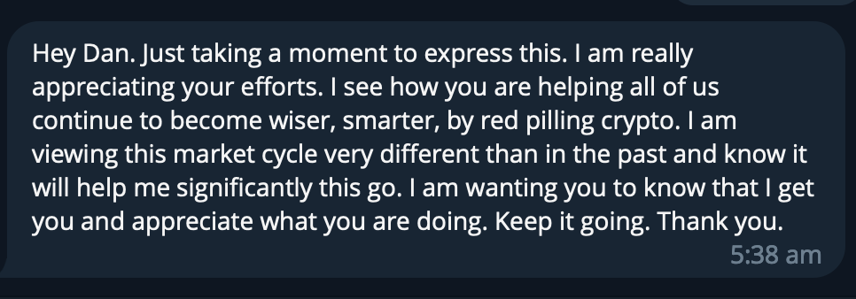 Screenshot of a text message expressing appreciation for someone's efforts in helping others become wiser and smarter by investing in crypto, and encouraging them to keep going.