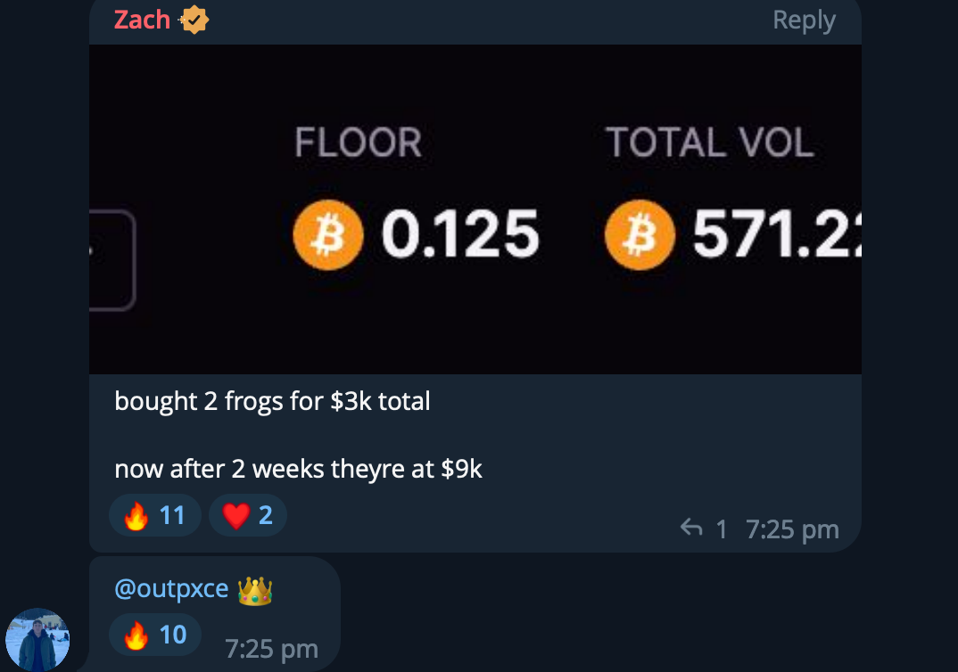 Screenshot of a digital currency trading app showing Bitcoin market data with a current floor price of 0.125 Bitcoin and a total volume of 571.2 Bitcoin, along with messages about buying frogs for $3,000 and their value increasing to $9,000 after two
