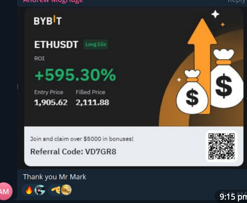 A promotional graphic for a cryptocurrency investment platform showing Bitcoin and Ethereum prices, with a high ROI of 595.3%, entry price of 1,905.62, and filled price of 2,111.88. Includes a referral code, QR code, and wallet icons.