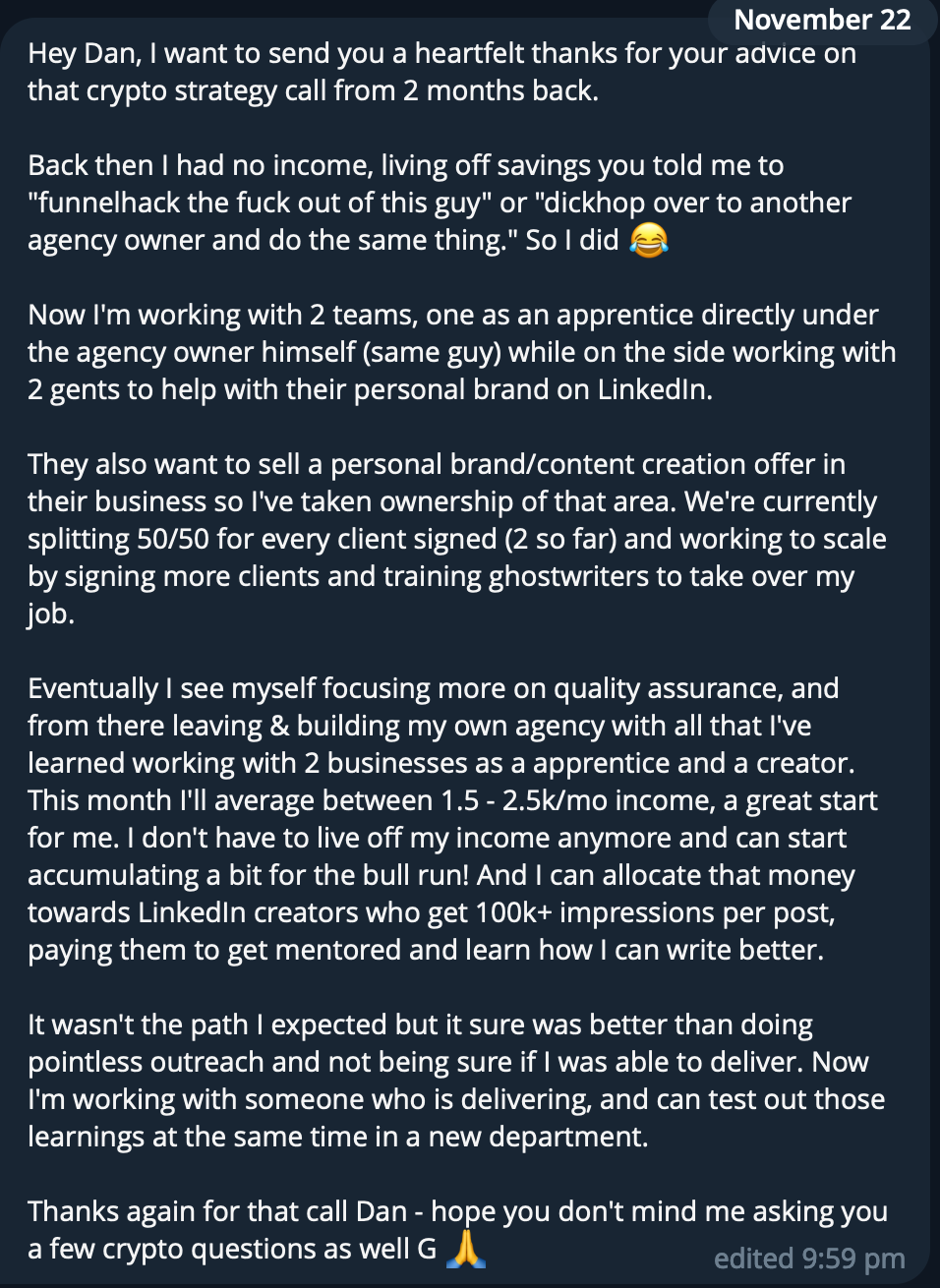 Screenshot of a text message or email discussing a person's experience with crypto strategy, running multiple teams, building personal brand on LinkedIn, and transitioning to focusing on quality assurance in their own agency.