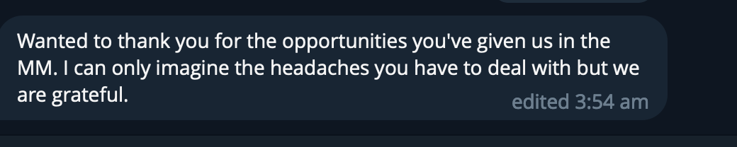 A screenshot of a text message discussing gratitude and headaches.