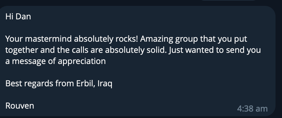 Screenshot of a message praising a group's teamwork and call quality, sent from Erbil, Iraq, at 4:38 am.