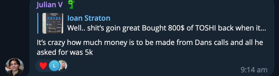 Screenshot from a chat conversation showing text messages discussing cryptocurrency and money, with a profile picture of a smiling young man in the bottom left corner.