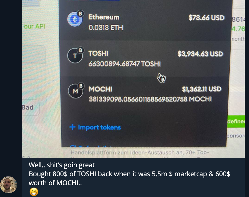 A digital screen displaying cryptocurrency investments in Ethereum, TOSHI, and MOCHI, with amounts and current values in USD.