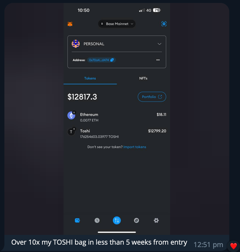 Screenshot of a cryptocurrency wallet app showing a balance of over $12,817, with Ethereum and Toshi tokens, and a caption indicating Toshi bag growth in less than five weeks.