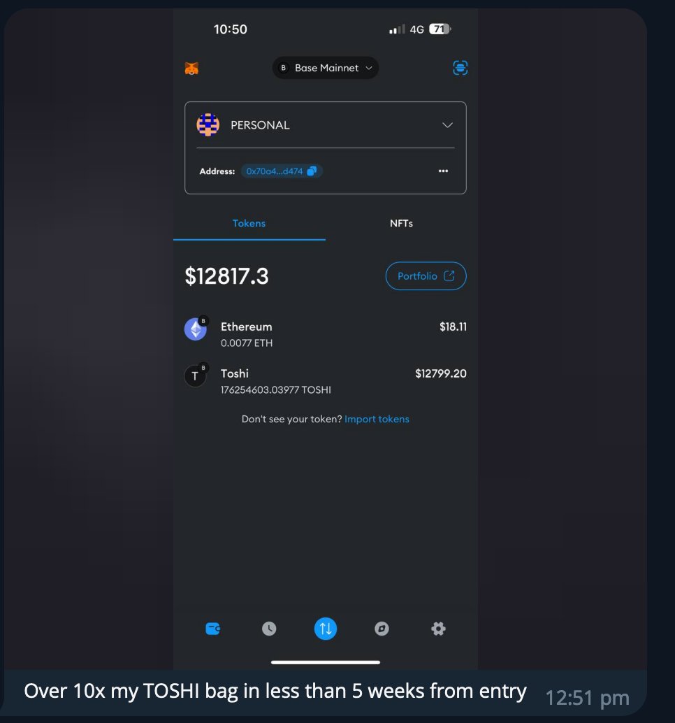 Screenshot of a cryptocurrency wallet app displaying a balance of $1,287.3 USD, with holdings in Ethereum and Toshi tokens. The wallet is labeled 'PERSONAL' with an address partially shown. The app has options for tokens and NFTs, and a portfolio but
