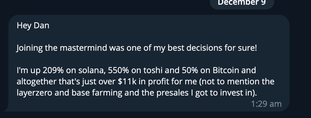 Screenshot of a chat message discussing investment success with percentages and profit details.