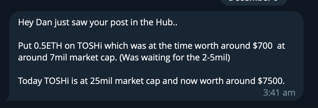 Screenshot of a chat message discussing the increase in market cap and value of TOSHii cryptocurrency, from around $700 with 7 million market cap to approximately $7500 with 25 million market cap.