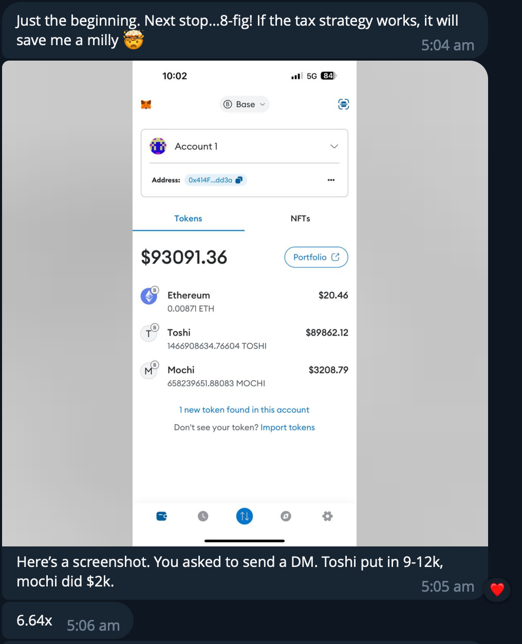 Screenshot of a mobile app showing a cryptocurrency account with a balance of $93091.36, including Ethereum, Toshi, and Mochi tokens. The screen displays account details, token balances, and options to view portfolio or import tokens.