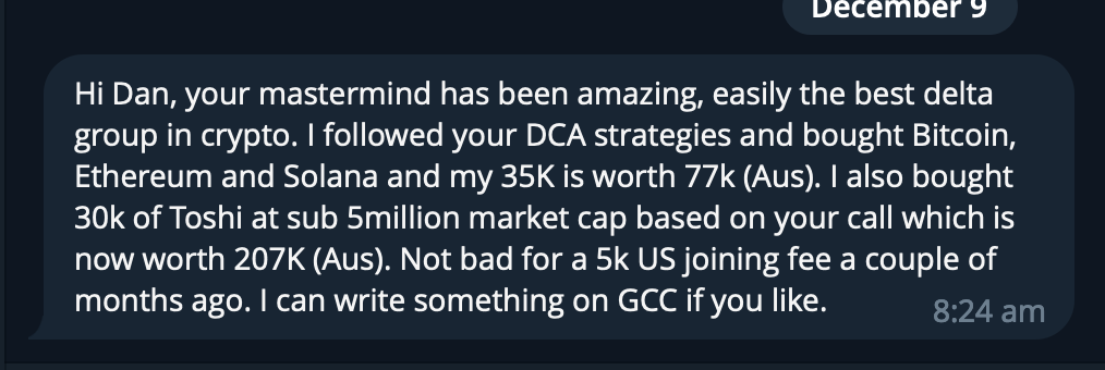 Screenshot of a cryptocurrency investment and strategy message discussing Bitcoin, Ethereum, Solana, Toshi, and trading fees.