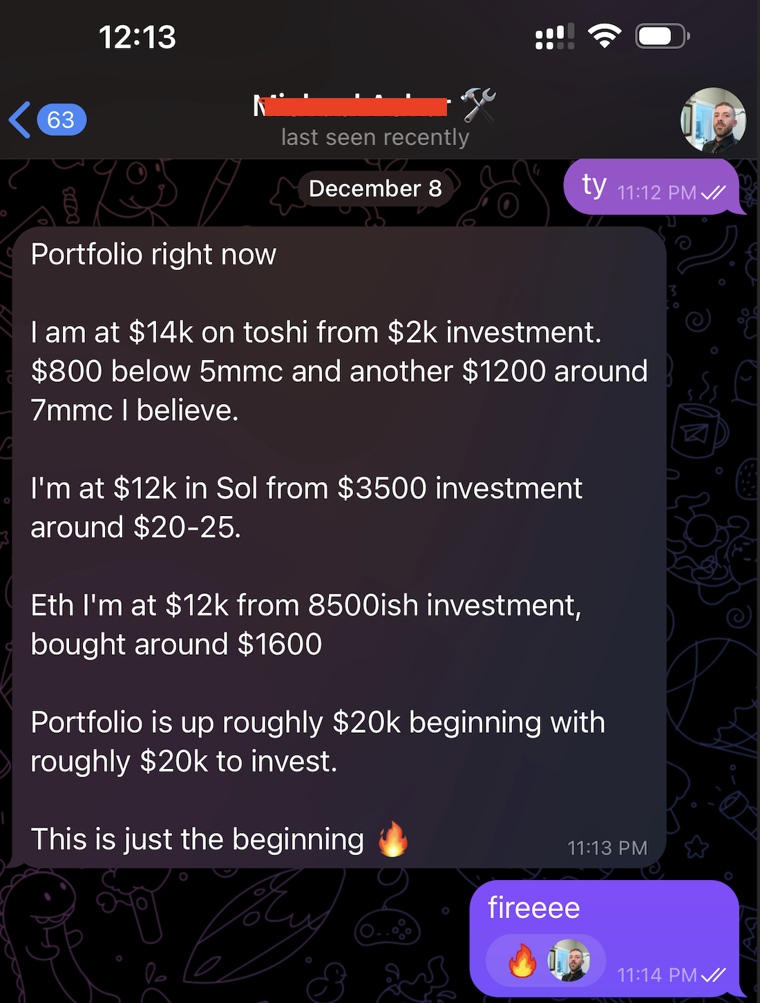 Screenshot of a WhatsApp conversation discussing investment portfolio growth, with detailed figures in cryptocurrency and stock investments, and a reaction expressing excitement.