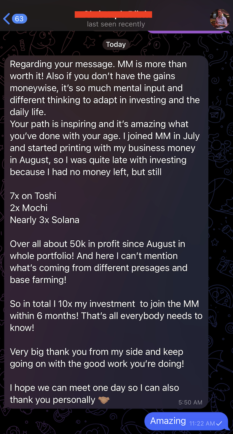 Screenshot of a WhatsApp message conversation discussing earnings, investments, and gratitude.