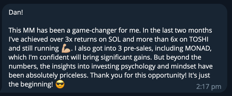 Screenshot of a message discussing achievements in investing and signals the beginning of a new journey with gratitude and confidence.