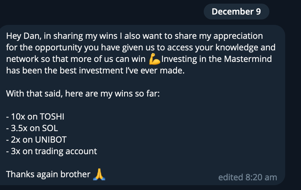 Screenshot of a WhatsApp message sharing investment success. The message includes achievements such as 10x on TOSHI, 3.5x on SOL, 2x on UNIBOT, and 3x on trading account, with a thank you note and a praying hands emoji.