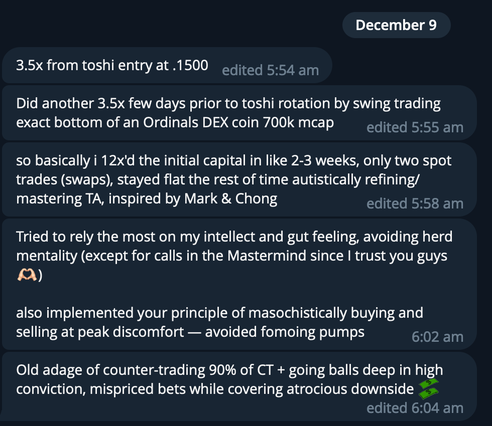 Screenshot of a chat conversation on December 9 discussing trading strategies, including references to Toshi entry, DEX coin, stocks, market analysis, and trading principles.