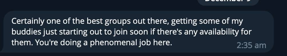 Screenshot of a chat message praising the recipient for their job and mentioning upcoming opportunities for friends.