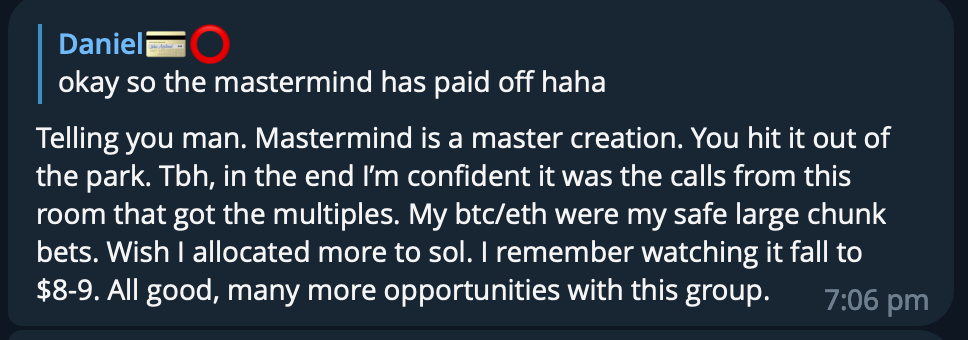 Screenshot of a chat conversation with a message from Daniel discussing investments, including Bitcoin and Ethereum, and mentioning profits and opportunities.