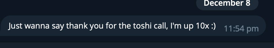 Screenshot of a text message saying, 'Just wanna say thank you for the toshi call, I'm up 10x :)